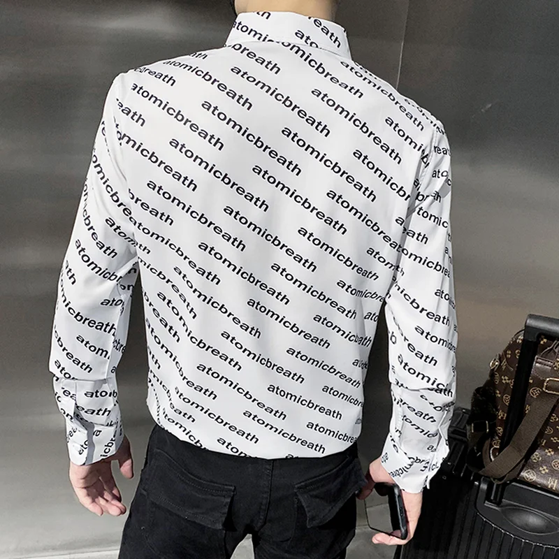 2021 Autumn Men's Full Letter Print Shirt Slim Long Sleeve Casual Shirt Business Formal Dress Shirts Social Party Chemise Homme