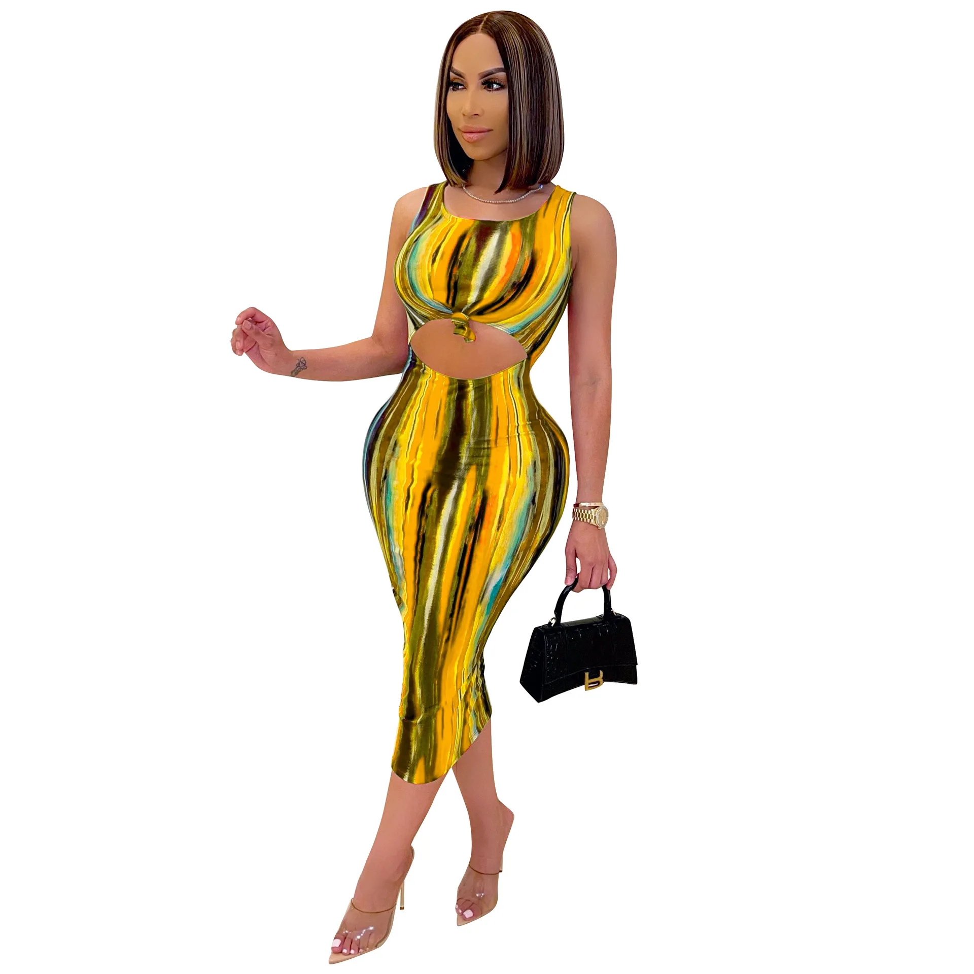 

SSEURAT Women Dress Print Sleeveless O-neck Hollow Out Strechy Bodycon Pencil Midi Dresses Sexy Fashion Vestidos Summer Outfits