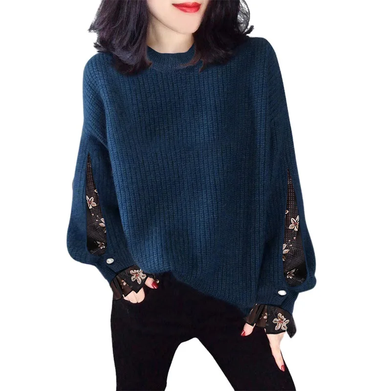 

Autumn Winter Women Knitted Sweater Fashion Print Mesh Patchwork Lantern Sleeve Red Sweater Woman Casual Loose Pullovers Jumpers