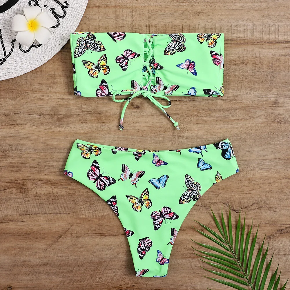 

Strapless Green White Bikini Set Sexy Butterfly Print Swimsuit Women Vacation Backless Swimwear Bathing Suit Woman Beach Trajes