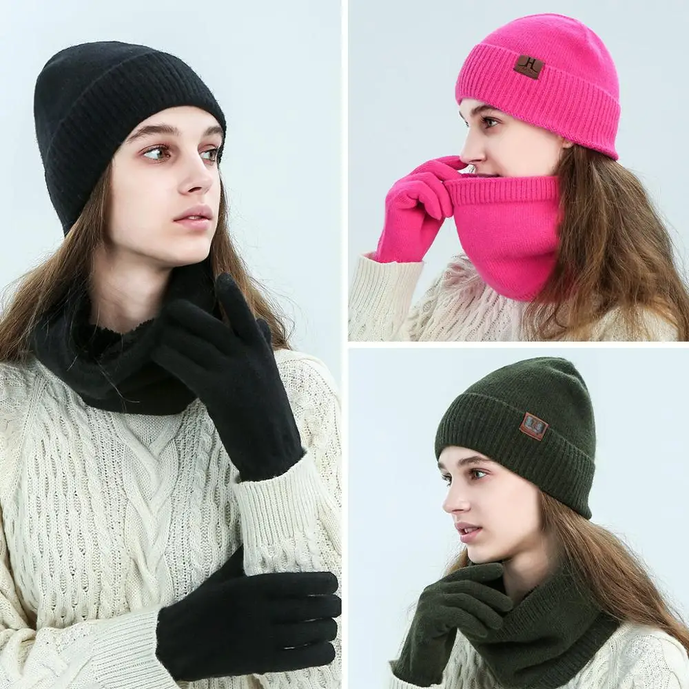 Evrfelan New Warm Winter Hat Scarf Gloves Set Women Men Thick Touch Screen Gloves Thick Soft Beanies Hat Ring Scarf Unisex