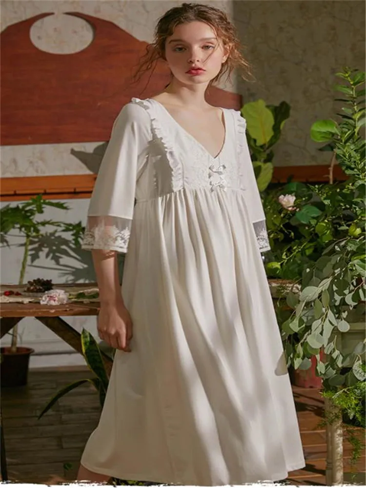 

Sexy lace V-neck sleep dress female bowknot solid color knitted cotton mid sleeve long nightdress 2020 autumn new