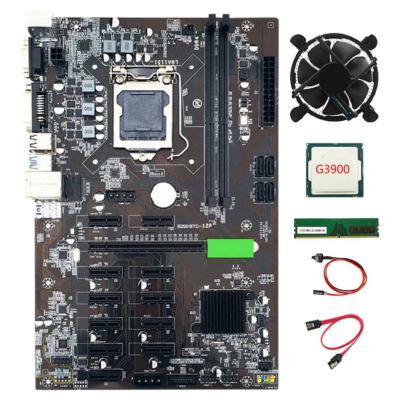 

HOT-B250 BTC Mining Motherboard USB3.0 LGA1151 with SATA Cable+ Switch Cable+G3900 CPU +Cooling Fan+DDR4 8GB 2666MHZ RAM