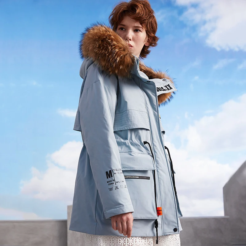 Женский пуховик на утином пуху MissFoFo теплая офисная куртка молнии с большим мехом