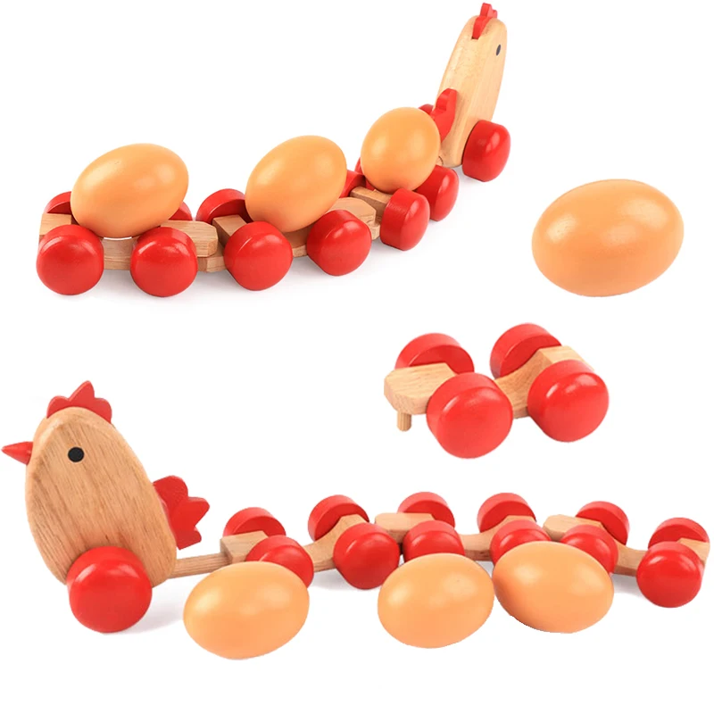 

Children Montessori Wooden Car Toys Chickens Egg Animal Assembly Blocks Educational Trailer Toys For Toddler Simulation Animal