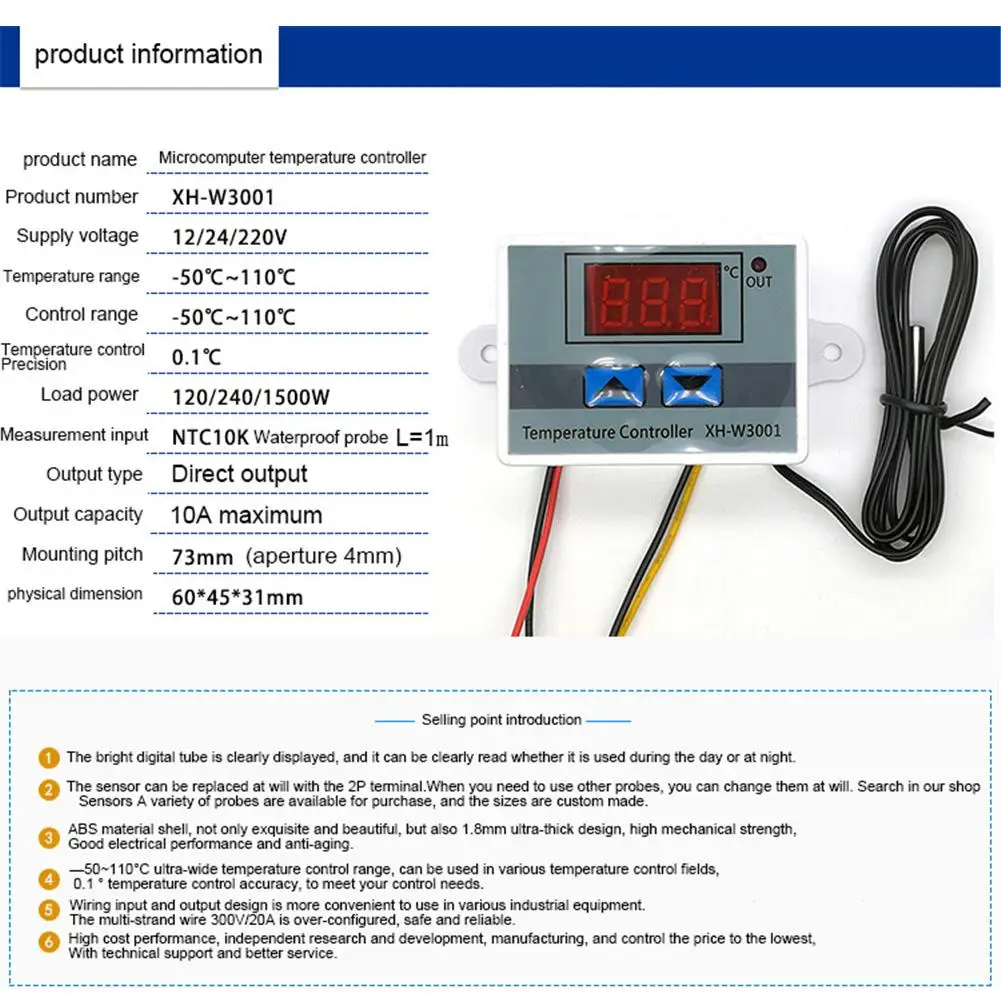 12V 24V 220VAC Digital LED Temperature Controller XH-W3001 For Incubator Cooling Heating Switch Thermostat NTC Sensor | Дом и сад