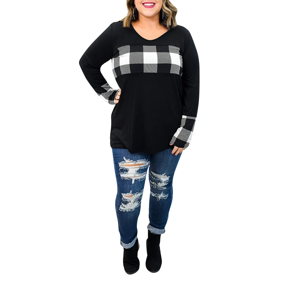 

Sale Plus Size Women Plaid T shirt Autumn tunicas de mujer 2021 Casual Long Sleeve O-Neck Loose Tops Large Size Female Tee D30
