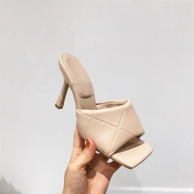 

2021 Brand Design Women slippers Elegant Square Toe Thin High Heels 9CM Slippers Summer Outdoor Beach Slides Shoes Luxury Slides