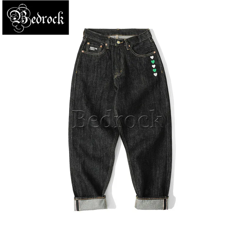 

MBBCAR men 14oz washed raw denim loose tapered jeans black vintage selvedge print Embroidery jeans high street carrot pants 7373