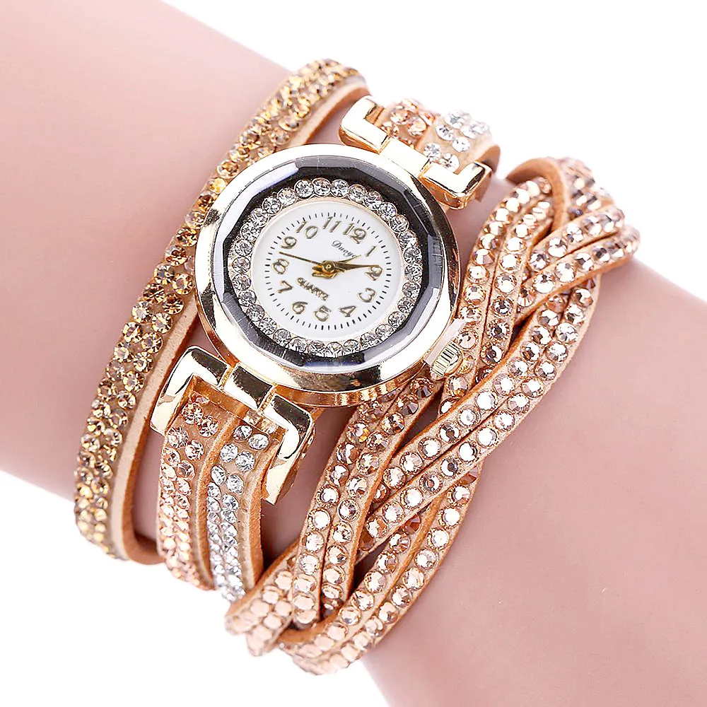 

Fashion Casual Gold Quartz Women Rhinestone Watch Braided Leather Bracelet Watch Gift Ladies Wristwatch Relogio Feminino Gift