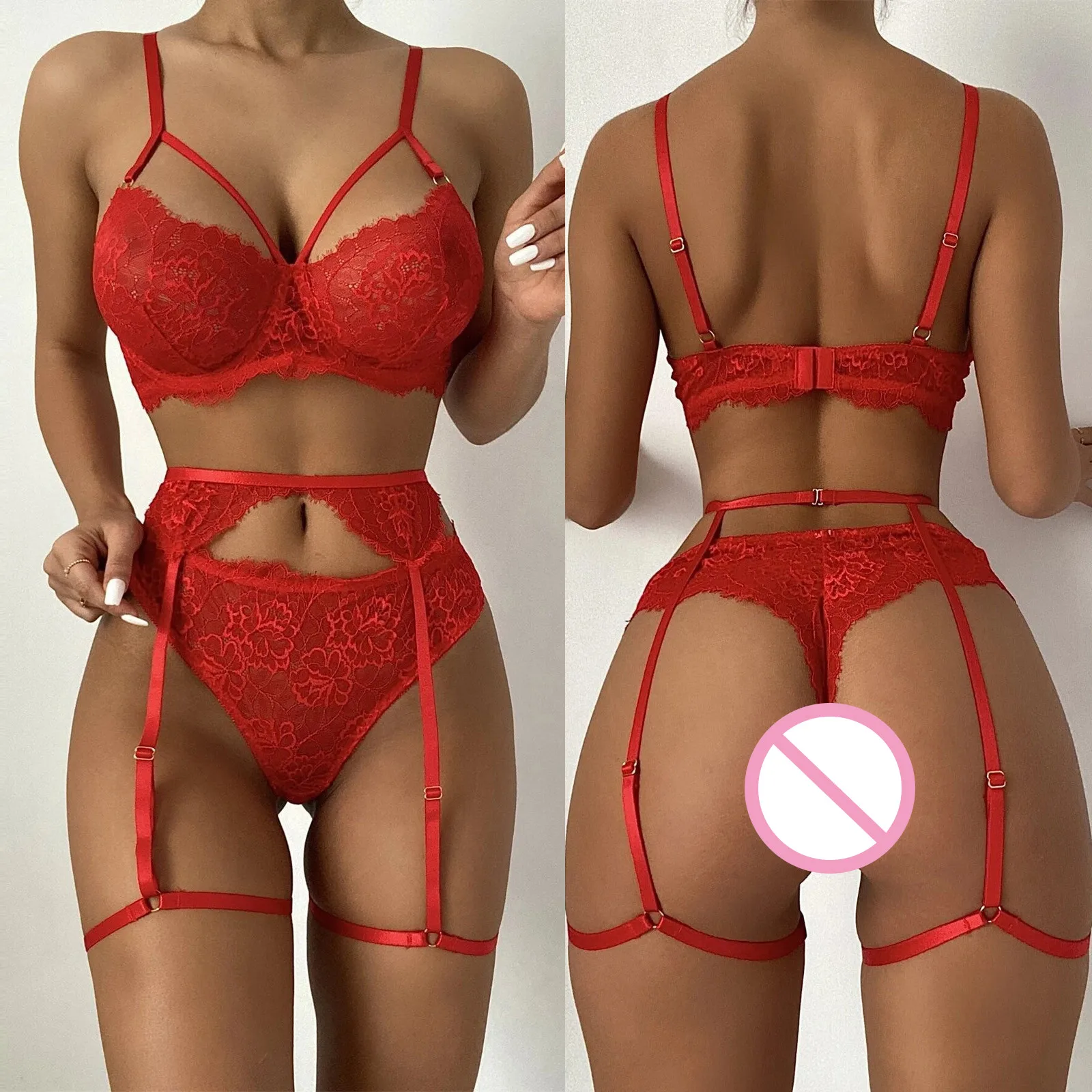 

Sexy Lingerie 2021 Chic Solid Color Porno Lingerie Set Lace Bra Thong Garter Erotic Underwear Lenceria Sensual Mujer Transparent