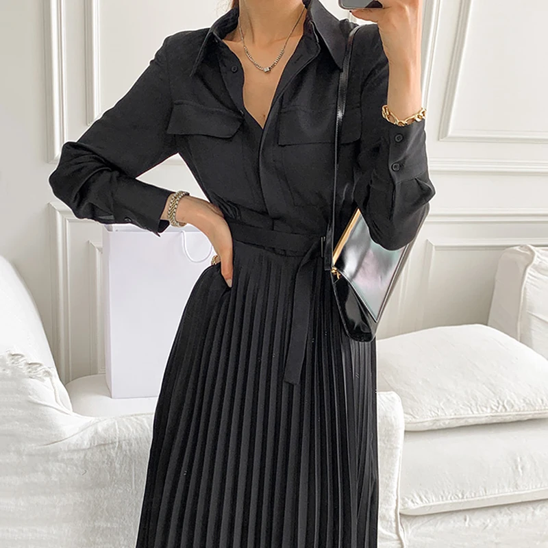 

French Style Retro Lapel Single-Breasted Lace-up Waist Dresses Women 2021 Spring polo collar Printing Pleated Shirt Dress Female