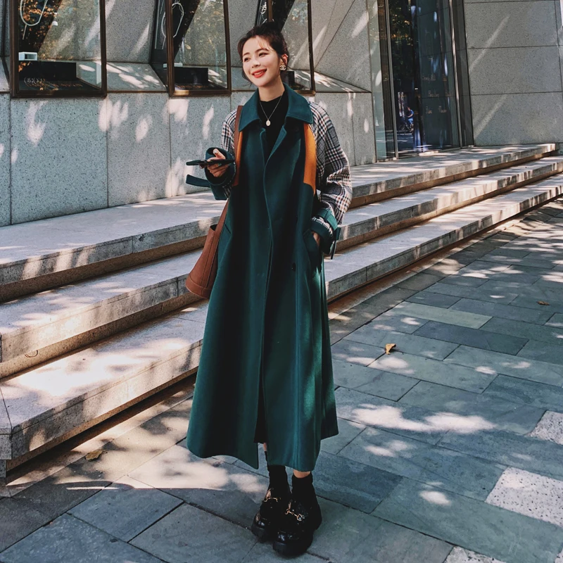 

Women's Woolen Coat Loose Plaid Stitching Dark Green Long Autumn Winter Big Size Thick Jacket Lapel Double Breasted Ladies Cloak
