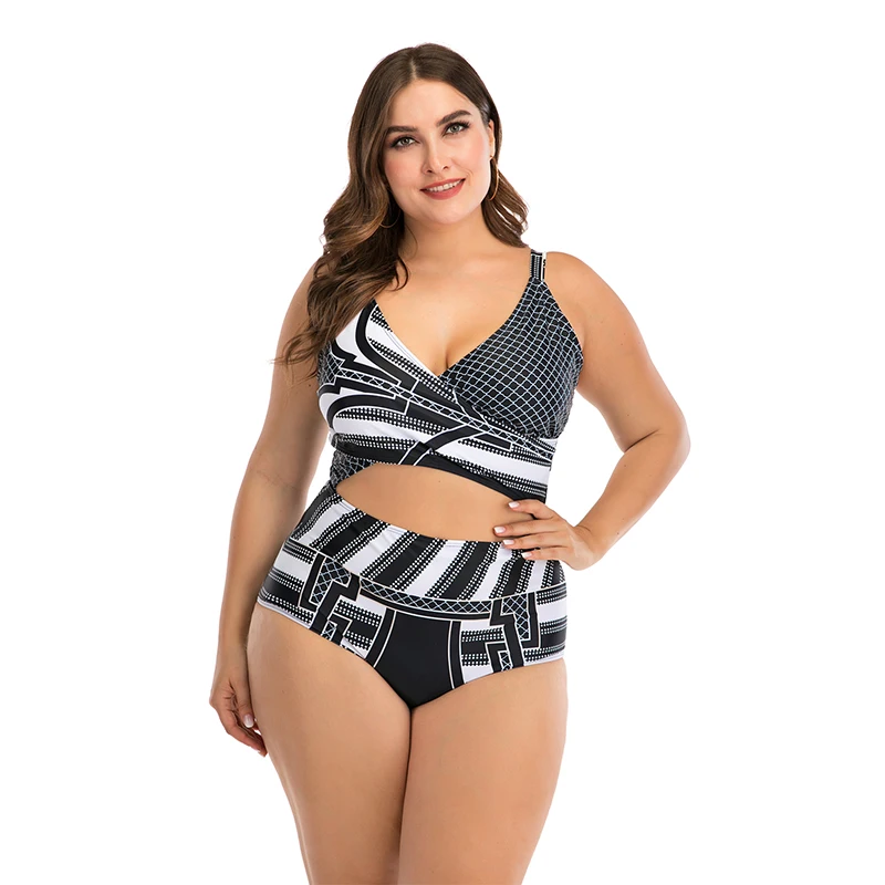 

High Waist Women Swimsuit Big Breast Beachwear Thick Geometric Print Swimwear Bikini Set Bathing Suit Biquini Monokini 4XL