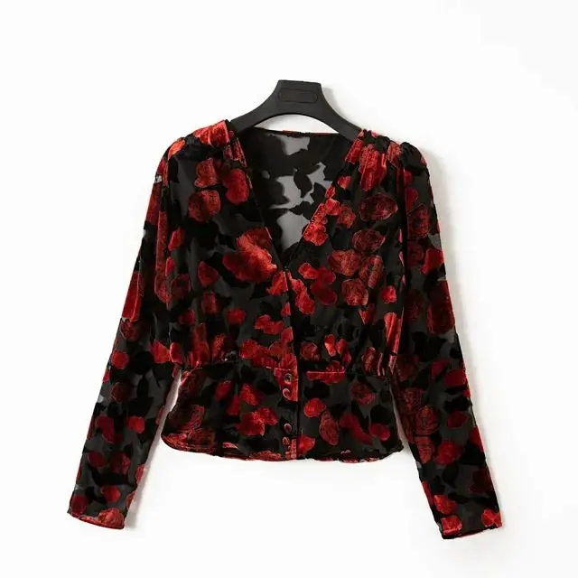 Новинка весна-осень 2021 модный сетчатый бархатный топ с V-образным вырезом и