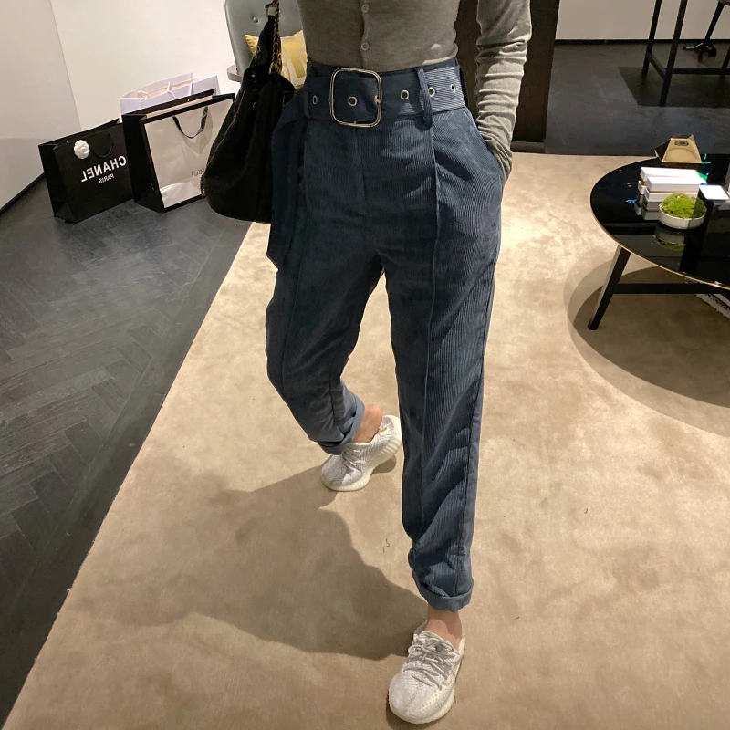 Женские вельветовые брюки REALEFT длинные с высокой талией поясом и на осень зиму 2019