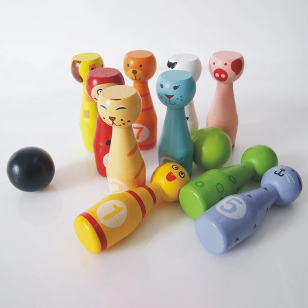 

Cartoon Wooden Toys Bowling with 10 Animal Pins 3 Balls Toy Set Kids Educational Toy for Kids Children Gifts