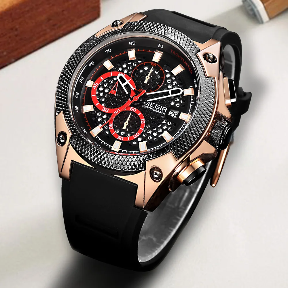 MEGIR Mens Watches Top Brand Luxury Silicone Sports Watch for Men Relogio Masculino Rose Gold Chronograph Wristwatch Man Clock | Наручные