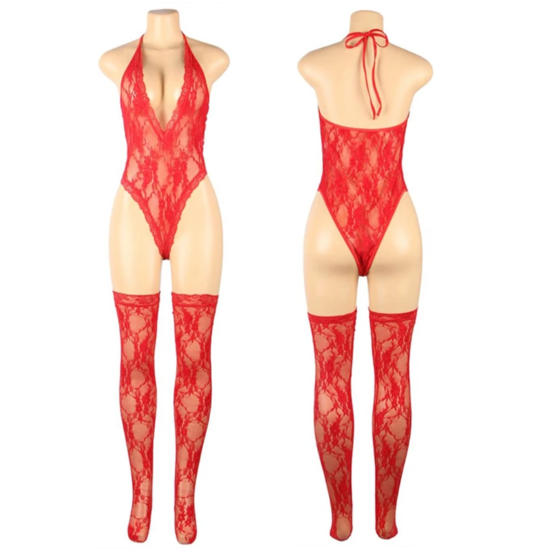 Женское сексуальное слитное боди на шнуровке с длинными чулками женское нижнее