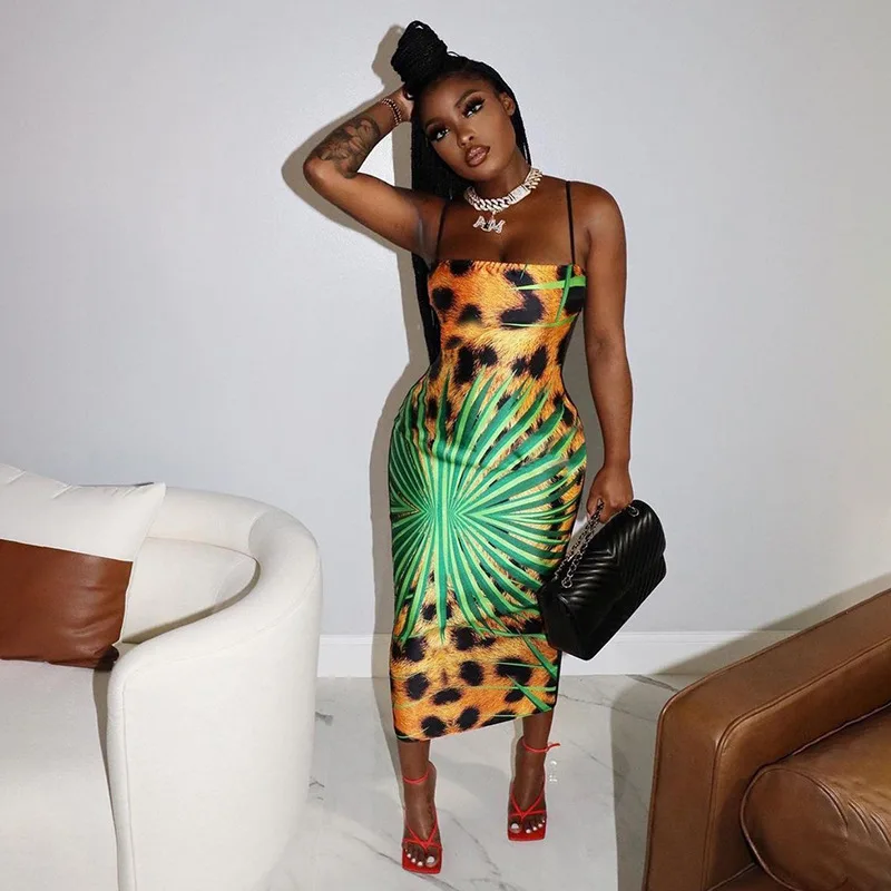 

Sexy Women Dress Print Skinny Sleeveless Spaghetti Strap Long Dress Party Night Clubwear Summer Clothes For Women