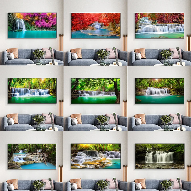 Пейзаж природный водопад холст живопись зеленое дерево вода река плакаты и