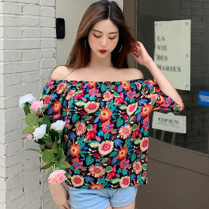 

Jlong Women Floral Slash Neck Fashion Casual Chiffon Blouse Summer Short Sleeve Shirt Tops