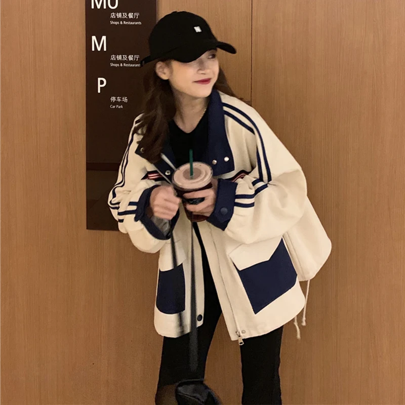 

Women's Spring Autumn Jacket Vintage Hong Kong Style Hit Color Pocket Striped Coat New Loose Wild Long-sleeved Tooling Coats