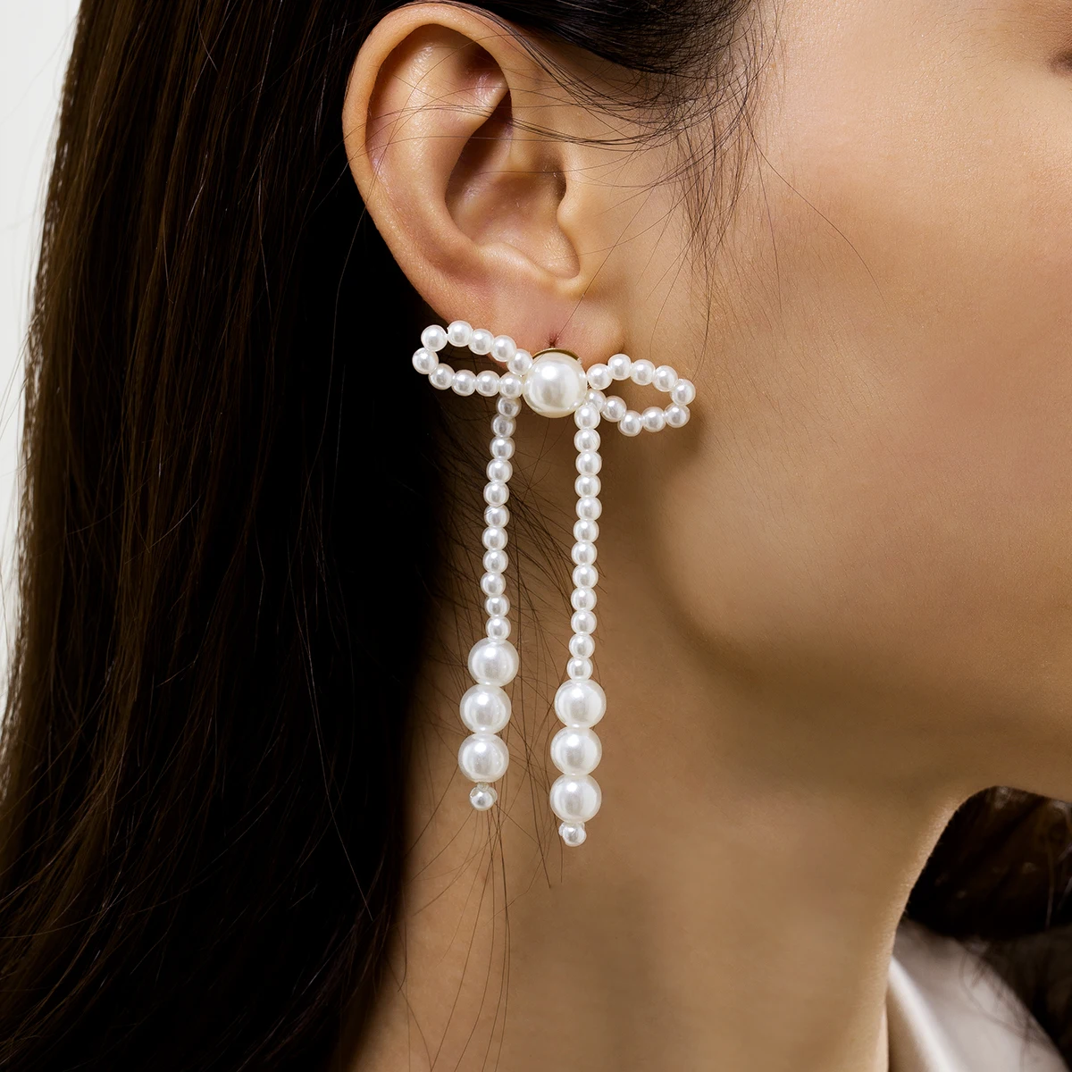 

2022 Trend Baroque Imitation Pearls Long Tassel Drop Dangle Earrings For Women Sweet Cute Bow Earrings Accessories New Jewelry