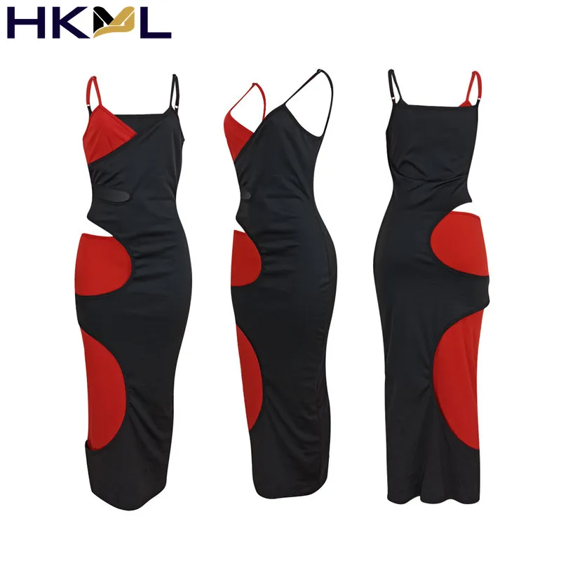 

Women Midi Dress Strap Color Patchwork Hollow Out Sexy Bodycon Fitness Streetwear Clubwear Elegant Sundress