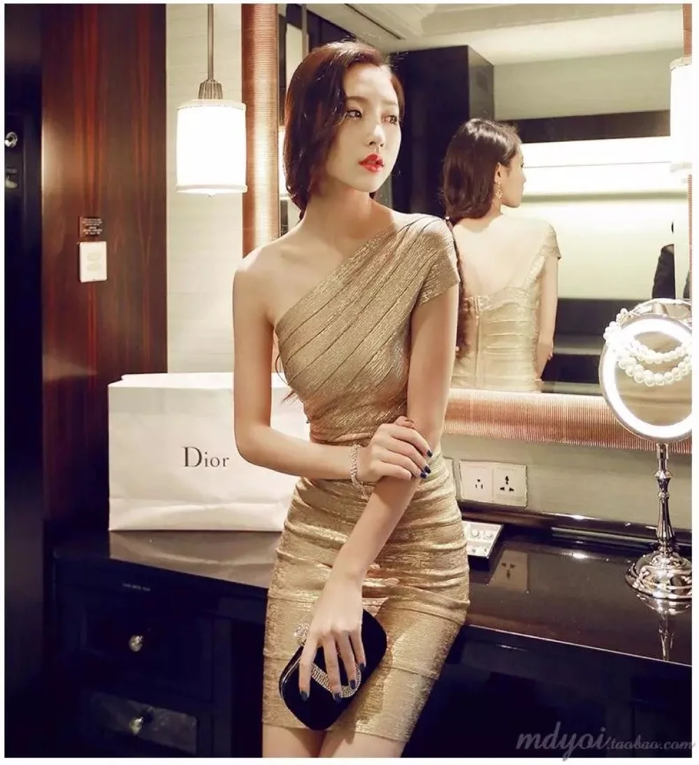

Fashion Gold Bandage Dress One Shoulder Stamp Women Mini Dresses Celebrity Party Club Bodycon Sleeveless Empire Vestidos