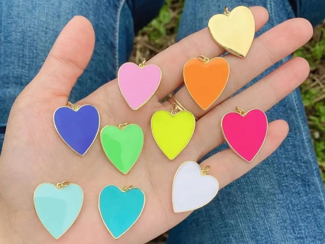

5-10 шт., неоновые подвески в форме сердца, радужная эмалированная подвеска в форме сердца для ожерелья, серьги, Золотая подвеска в форме сердц...