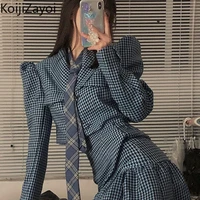 koijizayoi vintage plaid notched women short blazer skirt sets autumn fashion long sleeve suithigh waist female mini skirt 2pcs