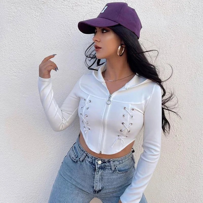 

Women Sexy Top Fashion New Style Solid Color Hooded Zipper Cardigan Long-sleeved Eyelet Lace-up Trend woman top Female Clothing