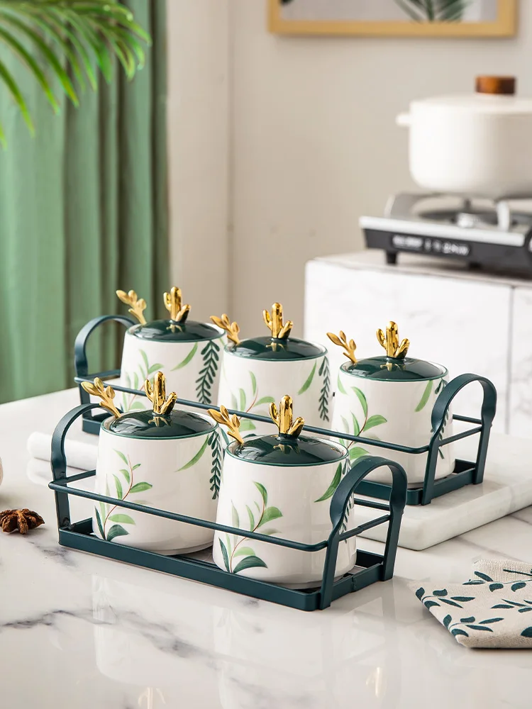 

Nordic Household Ceramic Seasoning Jars Set With Holder Sugar Salt Pot Kitchen Storage Tools