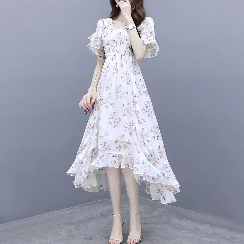 

2021 New Korean Summer Short-sleeved V-neck Floral Chiffon Dress Elegant Waist Slim Irregular Dresses g332