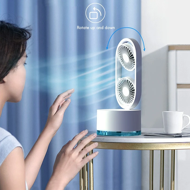 

Tabletop Double Head Humidifier Air Cooling Fans Rotatable Wide Angle Adjust Head Portable USB Desk Air Cooler