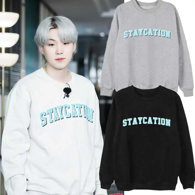 Fashion Streetwear SUGA Staycation Printing Pullover Sweater Kpop Fans Harajuku Hoodie Aesthetic for Women's Men's Clothing