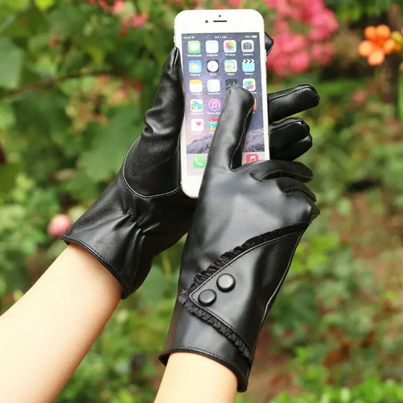 Женские зимние перчатки из искусственной кожи однотонные теплые натуральной