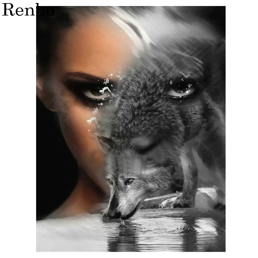 Алмазная 5D мозаика сделай сам картина из круглых страз с узорами волка и женщины