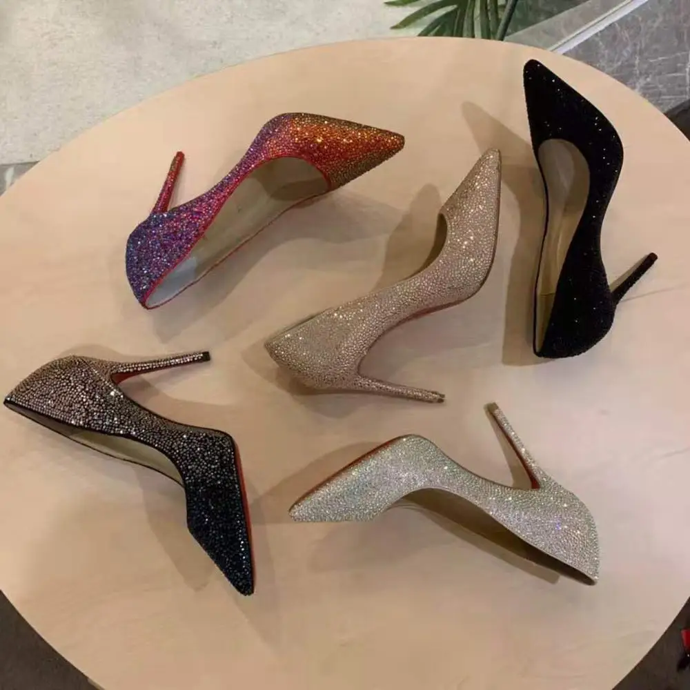 

vallu2019 new spring and autumn new products fashion high-heeled shiny rhinestone leather outsole bridal heel shoes
