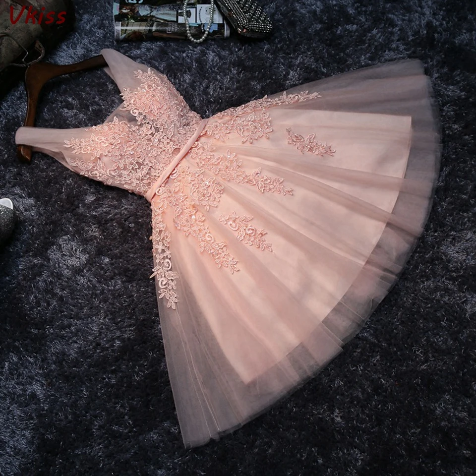 Pink Tulle Short  Graduation Dresses 2022 Illusion Sleeveless A-Line Lace Cocktail Elegant Women Prom Party Homecoming Vestidos