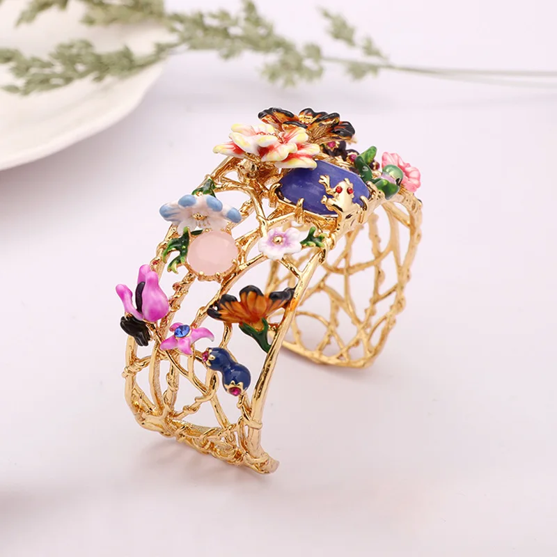 Ручная роспись эмалевый Цветочный браслет с украшением в виде кристаллов