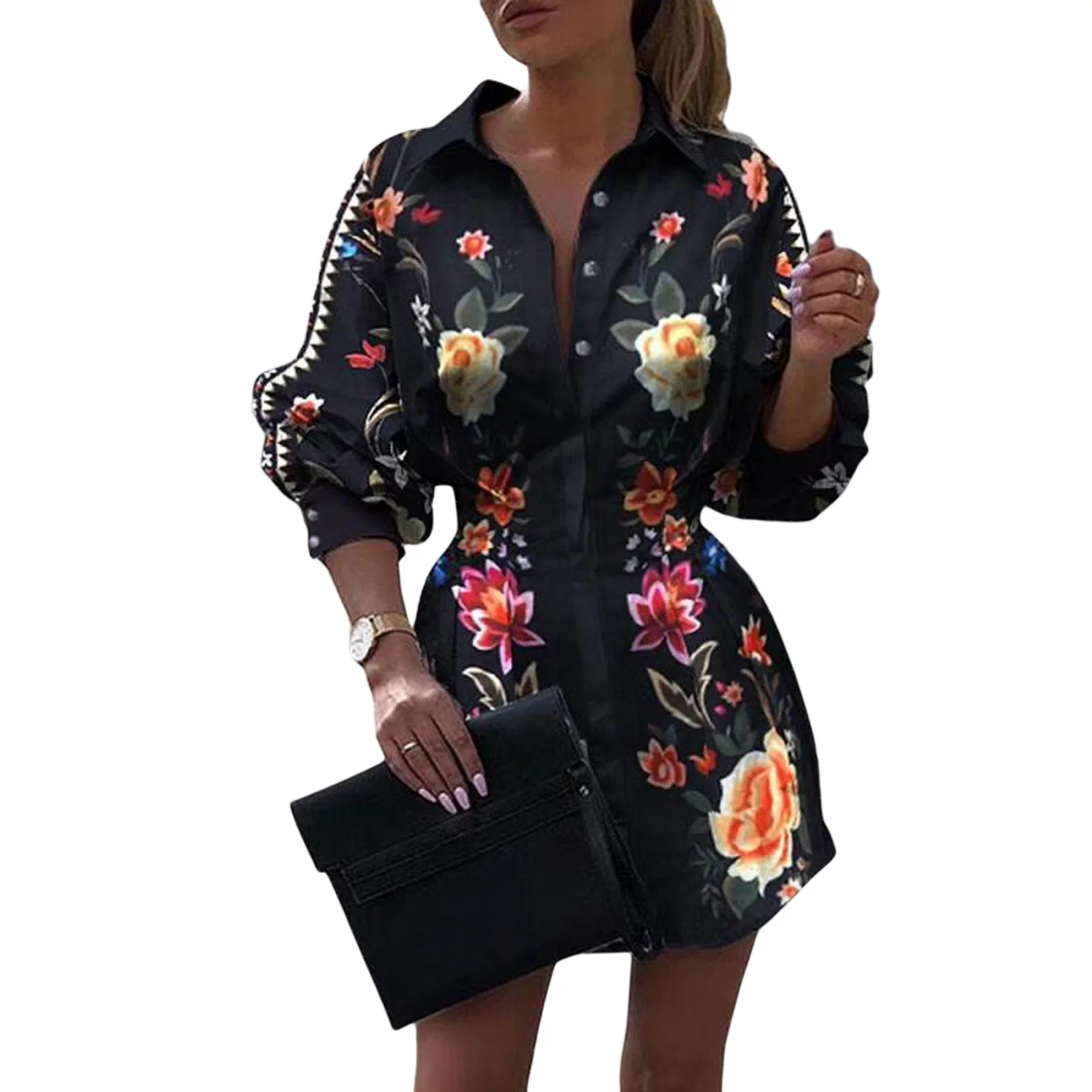 

Elegant Harajuku Black Women Shirts 2020 Autumn Floral Printed Button Thin Blouse V Neck Long Sleeve Shirts