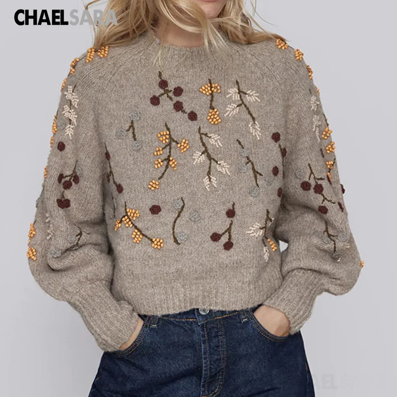 

Fashion Flowers Beaded Embroidery Knitted Sweater Women Winter Vintage Long Sleeve Pullover Female Chic Outerwear Tops