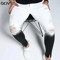 fashion mens skinny stretch ripped male jeans slim fit denim trousers streetwear gradient white black skinny jeans menr