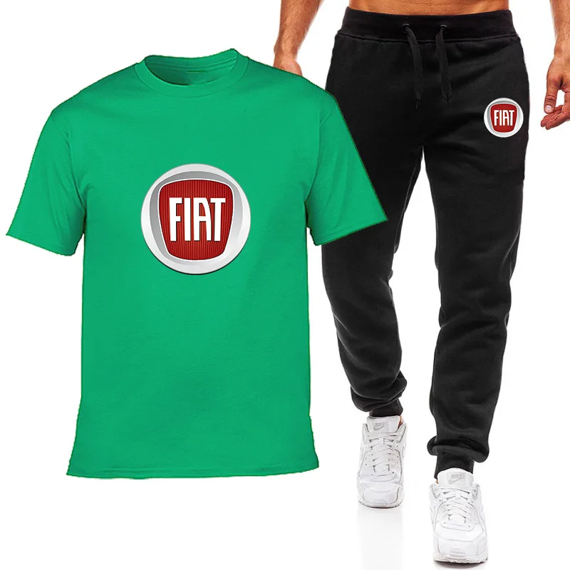 

New Fashion Summer Men Fiat Car Logo Print HipHop Casual Cotton Round Neck Short Sleeve High Quality T-shirt+pants SuitB18
