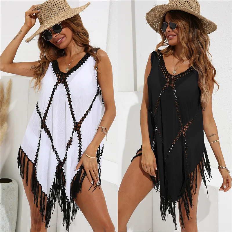 

Sexy Crochet Beach Cover Up Fringe Tunic Swimsuit White Black Tunics for Woman 2021 Summer Women's Bikini Geometric Cover-ups