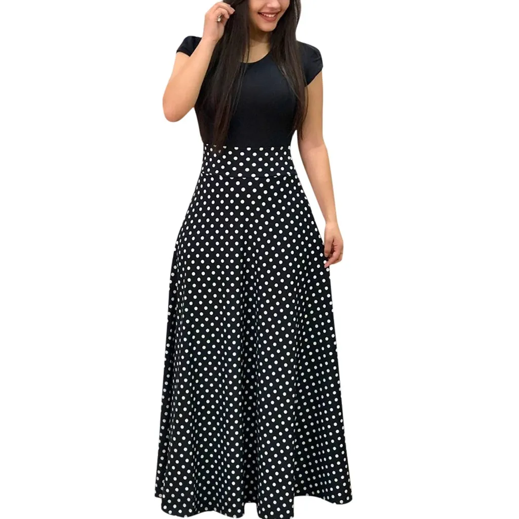Women's Ladies Short Sleeve Colour Splicing Wave Point Cocktail Party Dress Dress Fashion Women Casual O-neck Hollow Out Sleeve