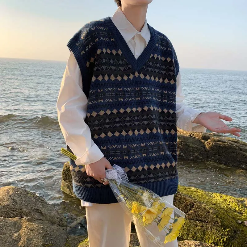 Мужской винтажный теплый жаккардовый свитер Свободный Повседневный Трикотажный