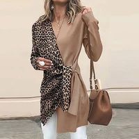 retro womens fashion temperament v neck long sleeved leopard print contrast color stitching lace up office ladies blazer
